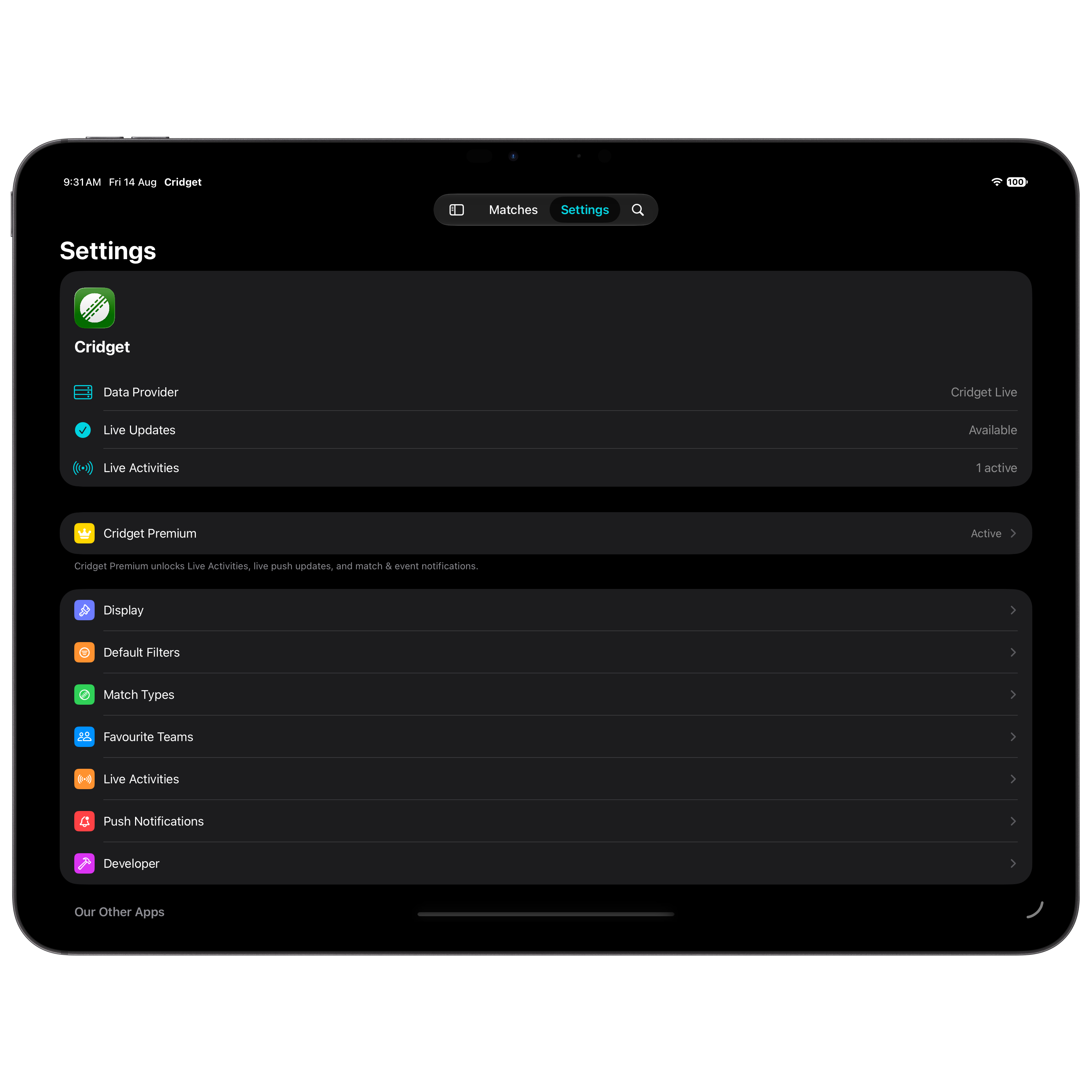 Cridget settings on iPad