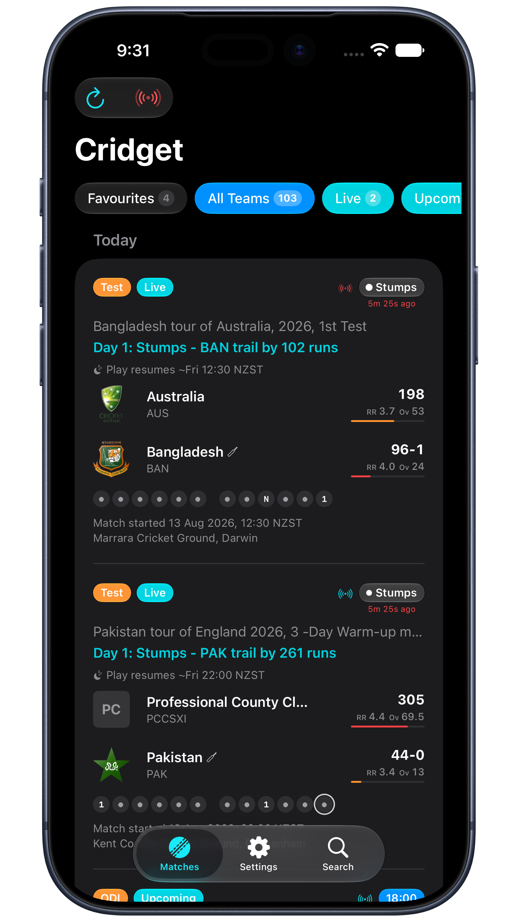 Cridget match list