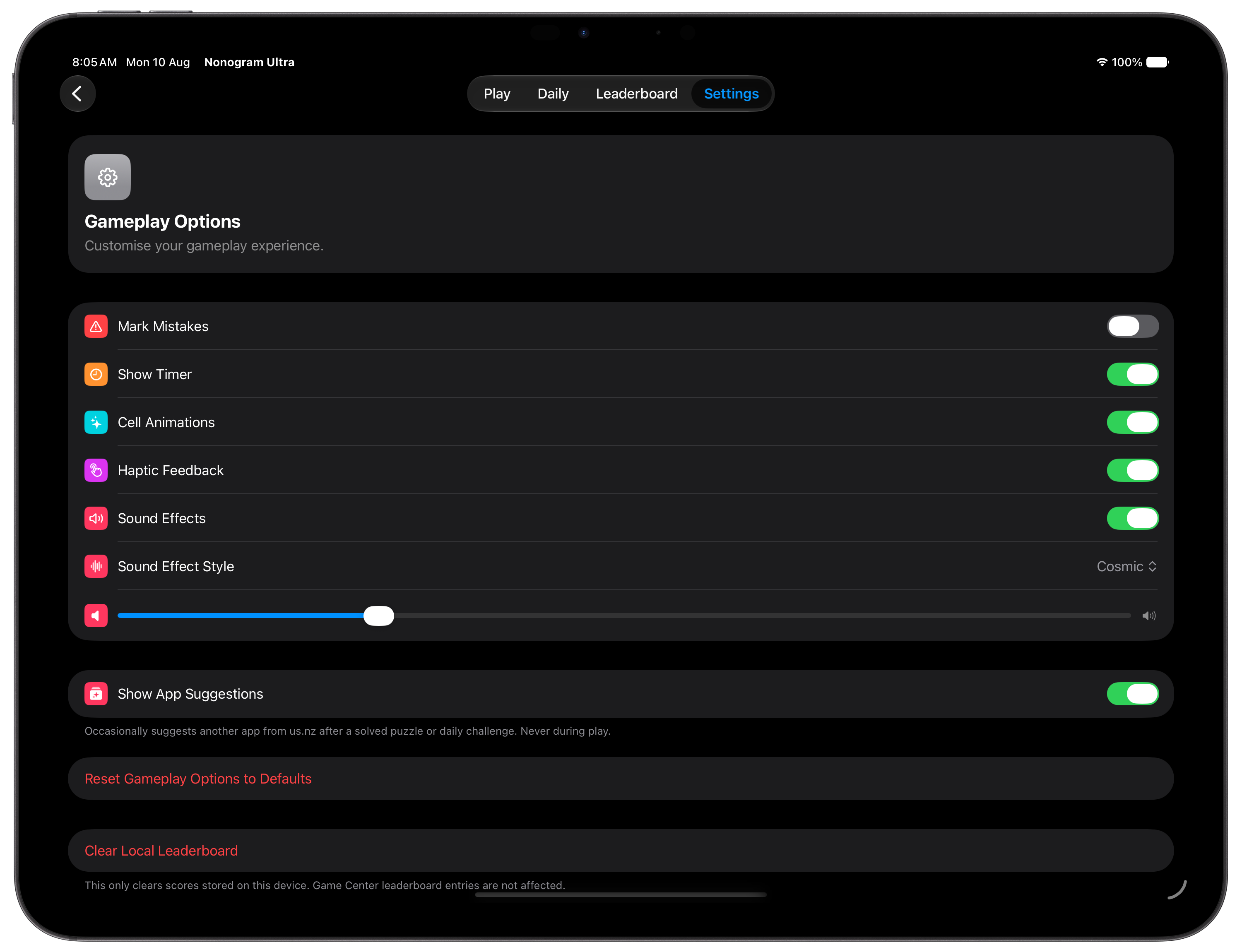 Nonogram Ultra iPad settings, continued