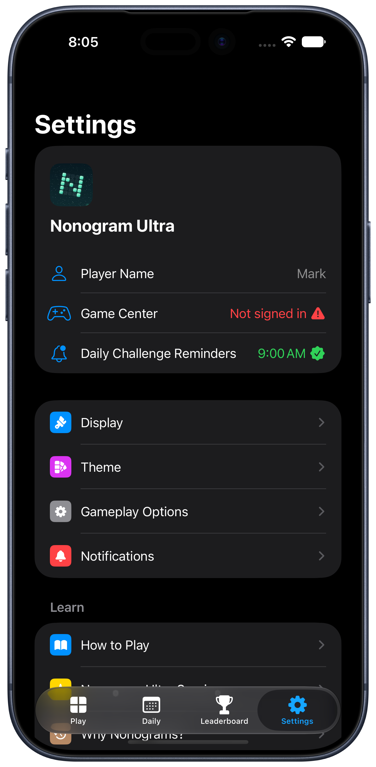 Nonogram Ultra iPhone settings