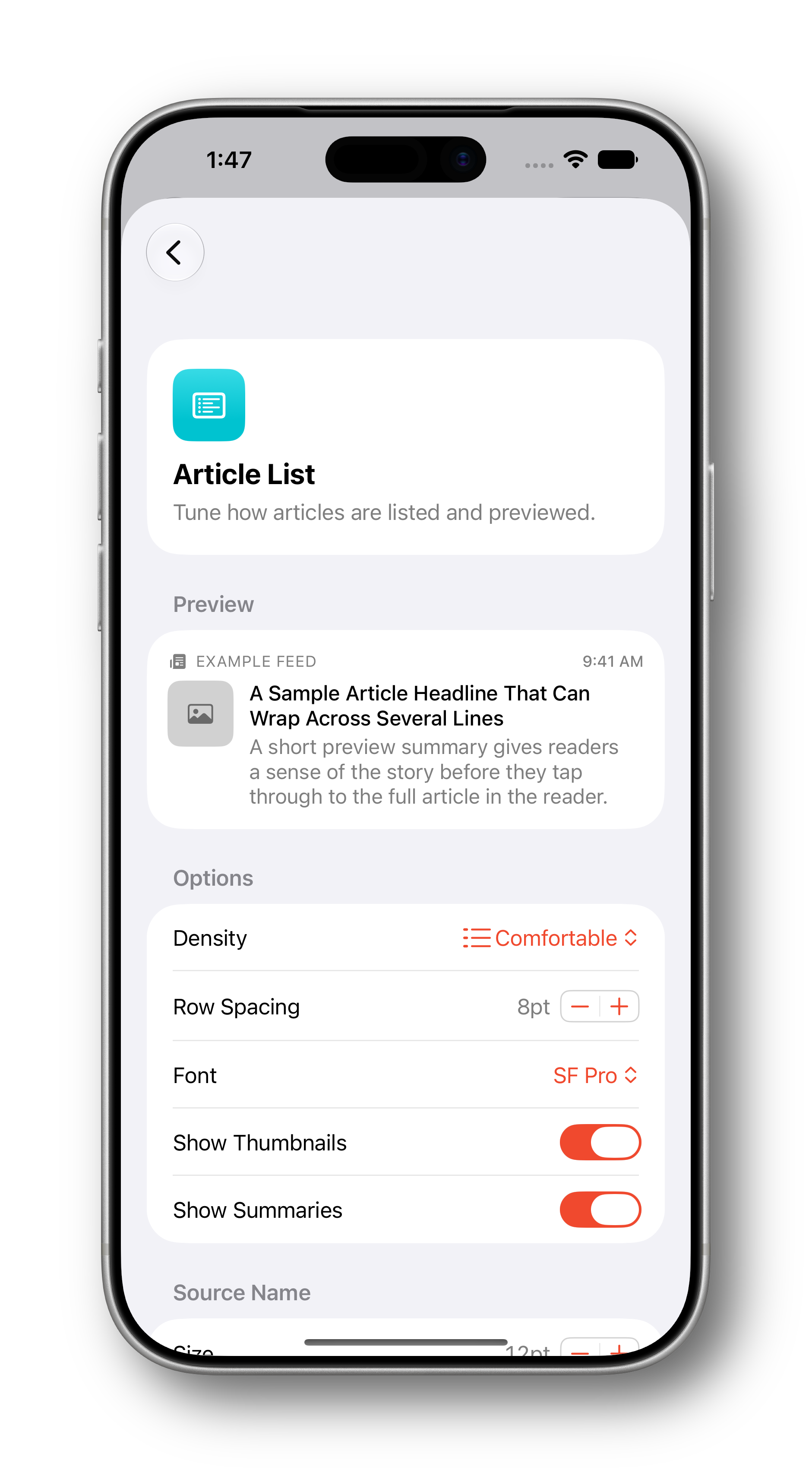 Reader Ultra iPhone settings, continued